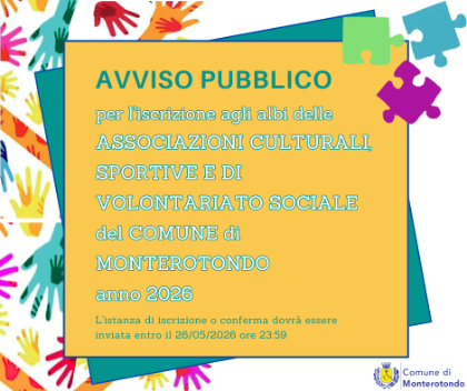 AVVISO PUBBLICO PER L'ISCRIZIONE AGLI ALBI DELLE ASSOCIAZIONI CULTURALI, SPORTIVE E DI VOLONTARIATO SOCIALE 2026